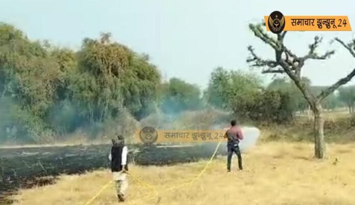 चिड़ावा: झांझोत स्टैंड के पास खेतों में लगी भीषण आग, फायर ब्रिगेड ने किया काबू